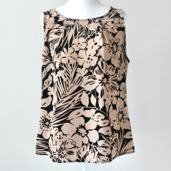 Nine West Tan Black Floral Nature Pattern Sleeveless Beautiful Blouse Top Medium - Picture 1 of 6